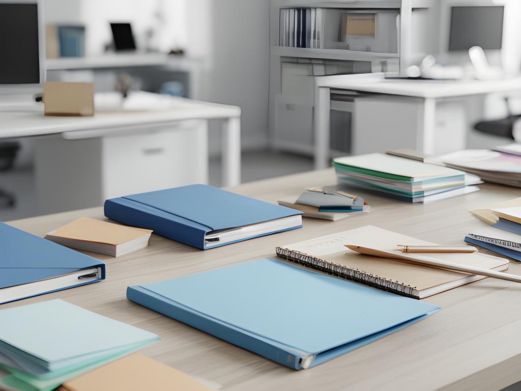Mesa de trabajo con cuadernos, carpetas y papelería ordenada en una oficina luminosa