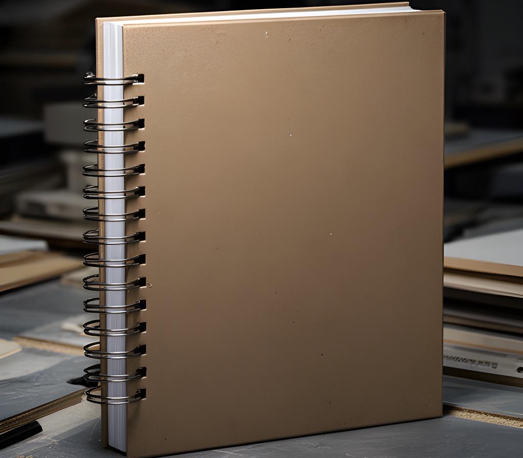 Cuaderno corporativo grande con tapas de cartón reciclado y anillado metálico sobre una mesa de producción