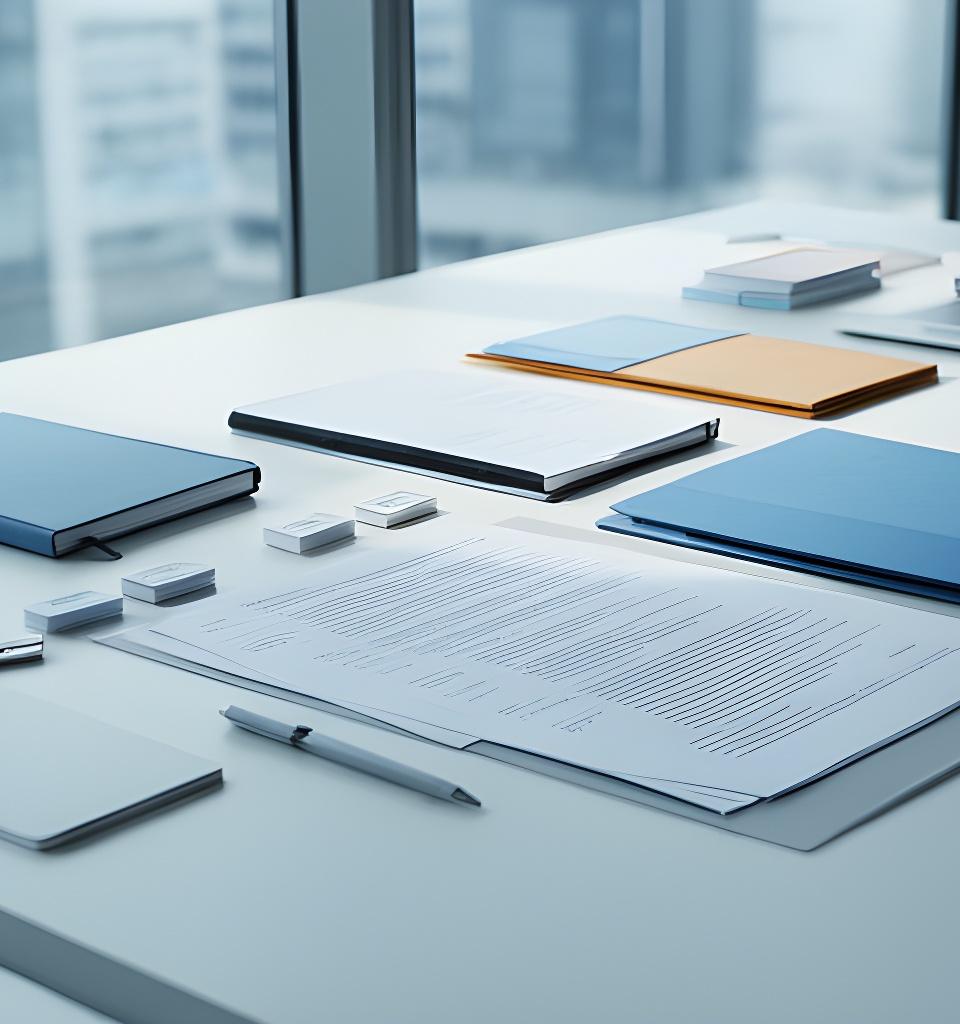 Mesa de trabajo con cuadernos, carpetas y papelería ordenada en una oficina moderna con luz natural