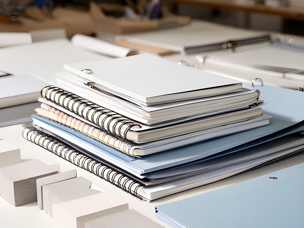 Mesa de trabajo con cuadernos, carpetas y blocks apilados en un taller de papelería con luz natural