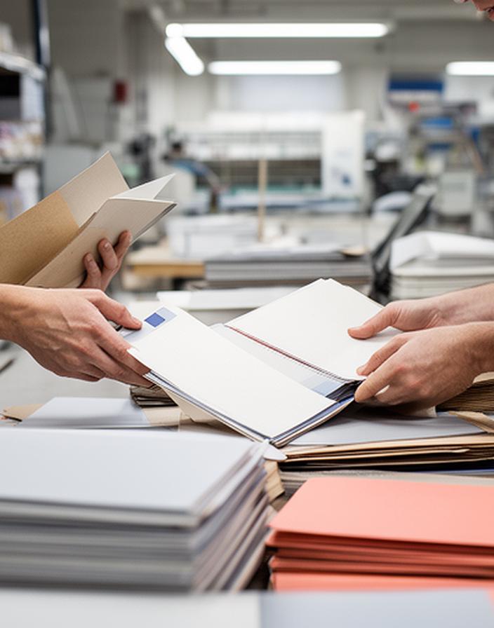 Operarios y operarias revisando cuadernos y carpetas dentro de un taller de papelería iluminado
