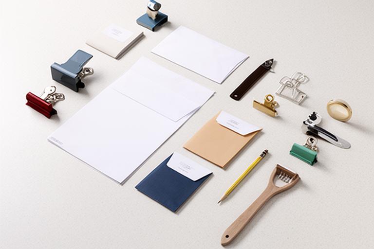 Kit de material de oficina con etiquetas, clips y sobres dispuestos sobre fondo claro