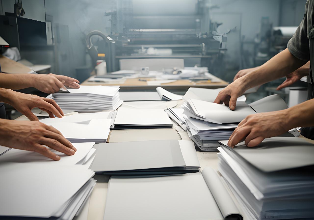 Operarios fabricando cuadernos en una planta de Trelew con mesas de trabajo, papel apilado y luz de taller