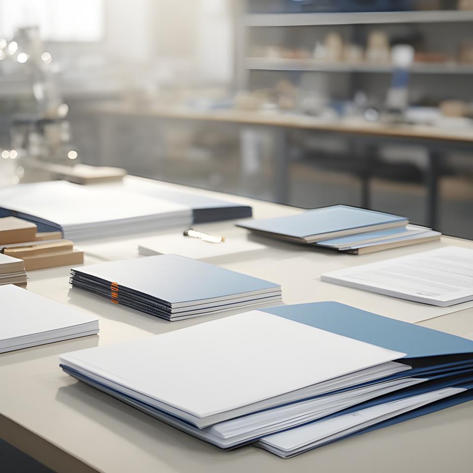 Mesa de trabajo con cuadernos corporativos, carpetas impresas y material de oficina ordenado en un taller luminoso