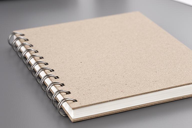 Cuaderno corporativo sobre una mesa gris con anillado metálico y tapa reciclada